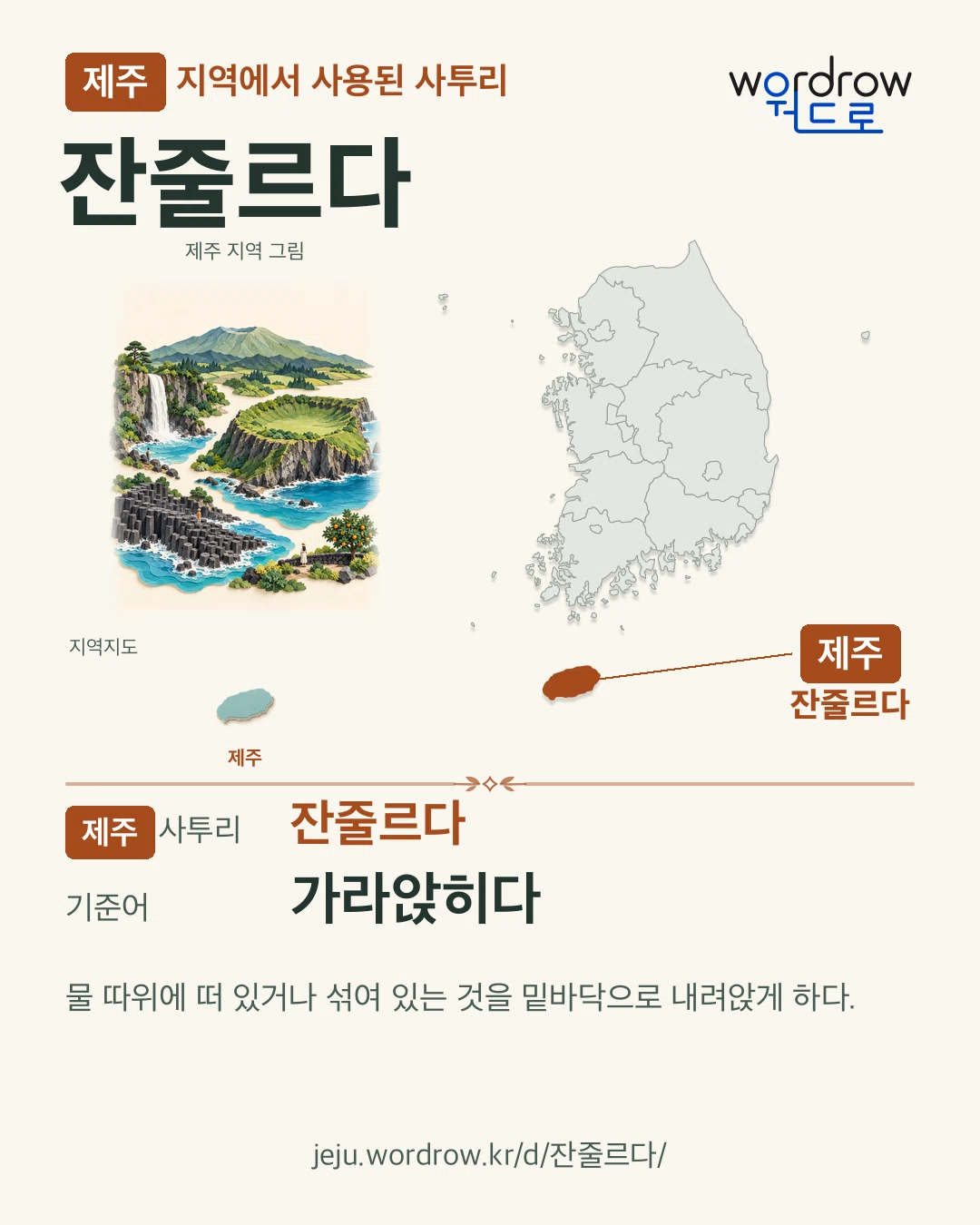 제주 지역에서 사용된 사투리 ‘잔줄르다’. 기준어: 가라앉히다. 기록 지역을 표시한 지역 그림과 지도 카드.