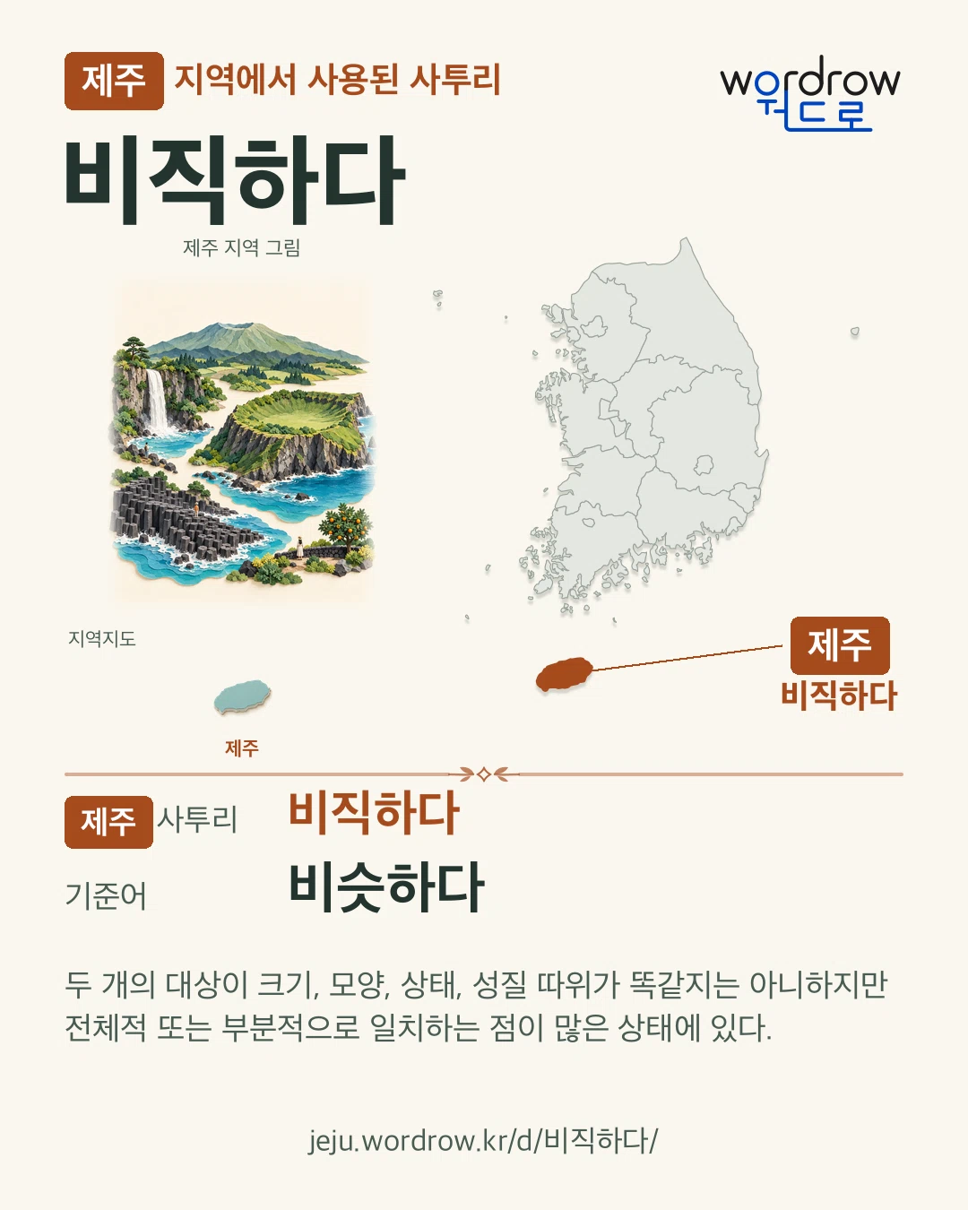 제주 지역에서 사용된 사투리 ‘비직하다’. 기준어: 비슷하다. 기록 지역을 표시한 지역 그림과 지도 카드.