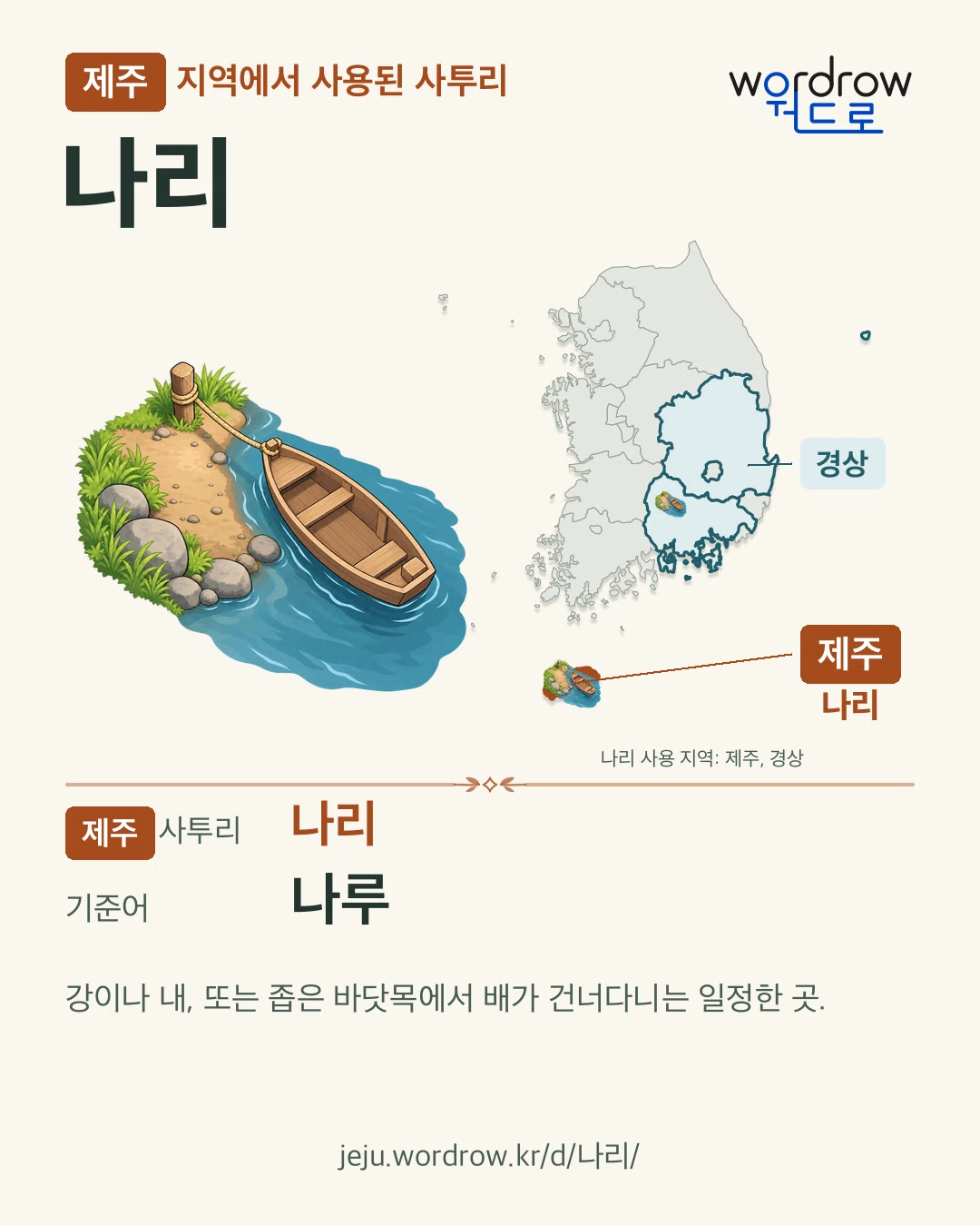 제주 지역에서 사용된 사투리 ‘나리’. 기준어: 나루. 기록 지역을 표시한 카툰 삽화와 지도 카드.