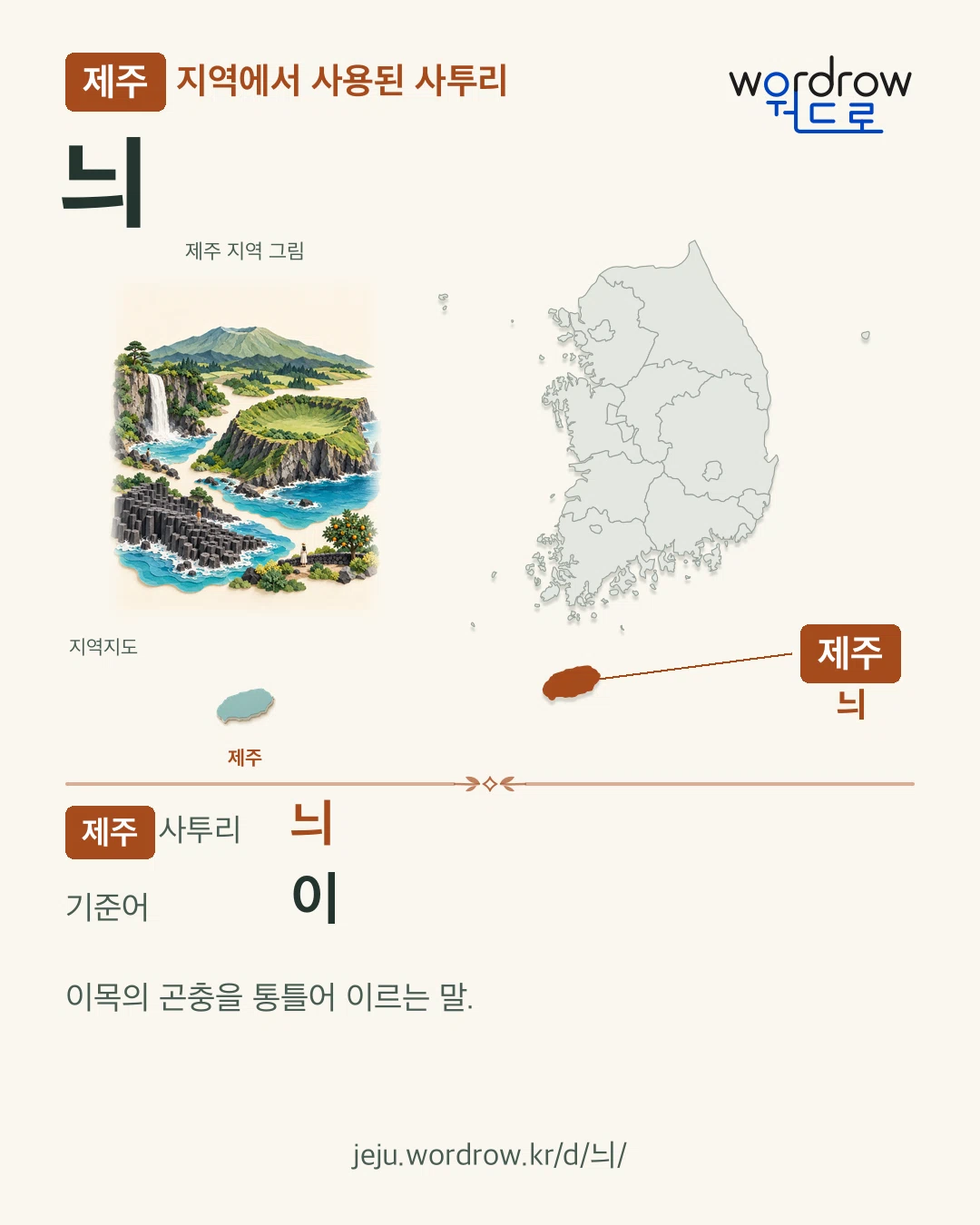 제주 지역에서 사용된 사투리 ‘늬’. 기준어: 이. 기록 지역을 표시한 지역 그림과 지도 카드.