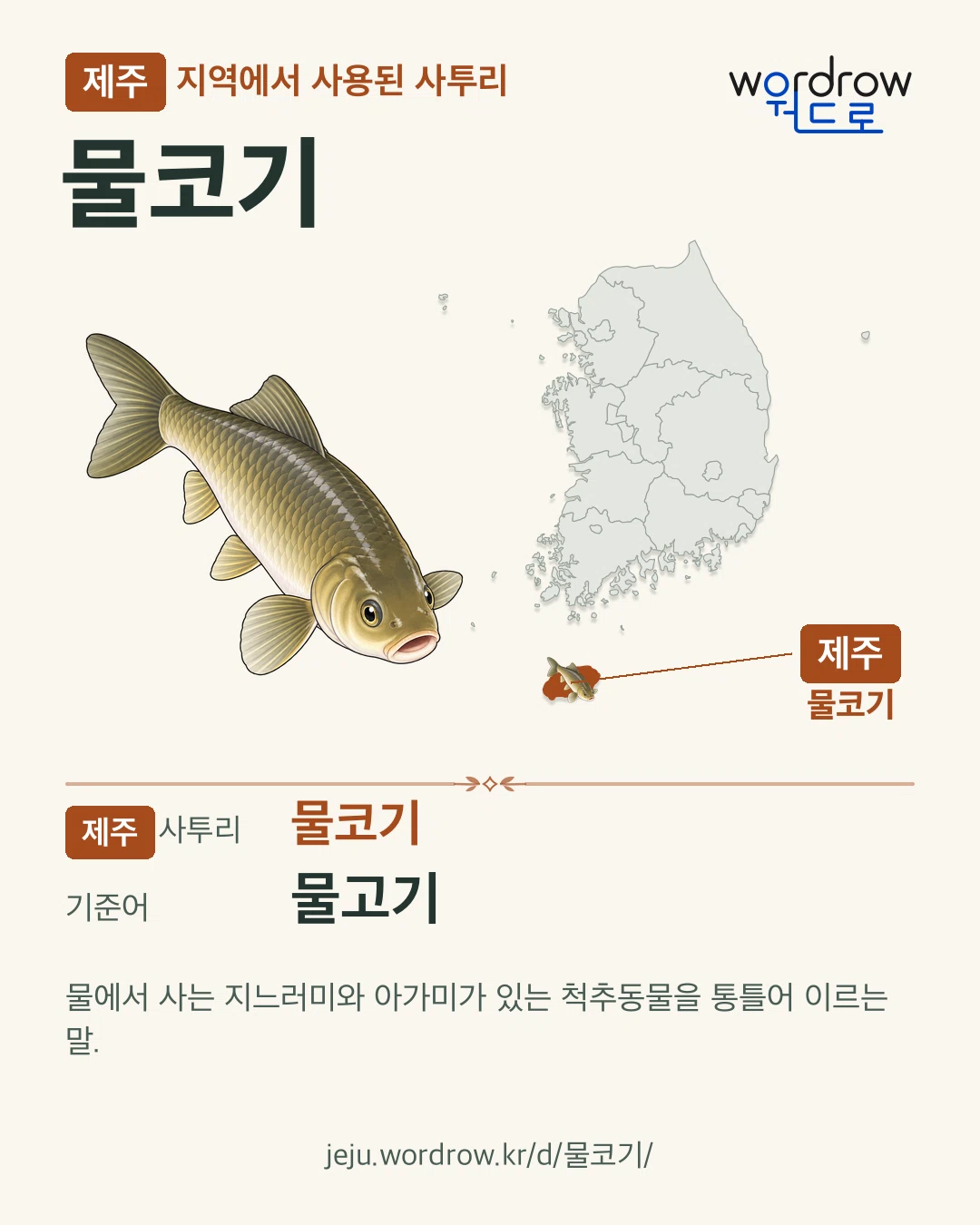 제주 지역에서 사용된 사투리 ‘물코기’. 기준어: 물고기. 기록 지역을 표시한 카툰 삽화와 지도 카드.