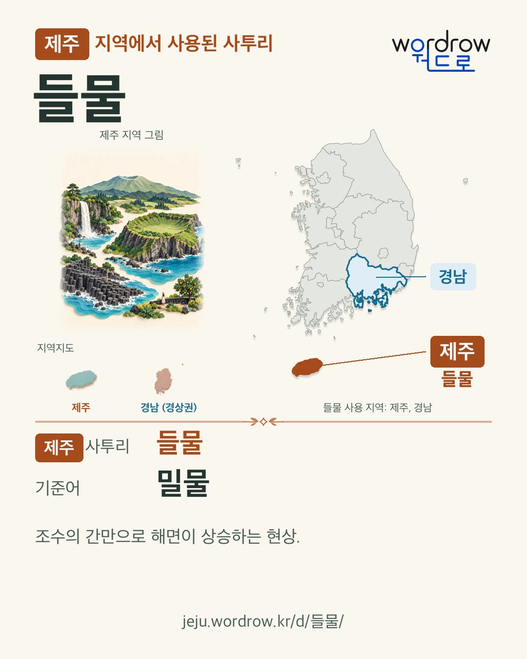 제주 지역에서 사용된 사투리 ‘들물’. 기준어: 밀물. 기록 지역을 표시한 지역 그림과 지도 카드.