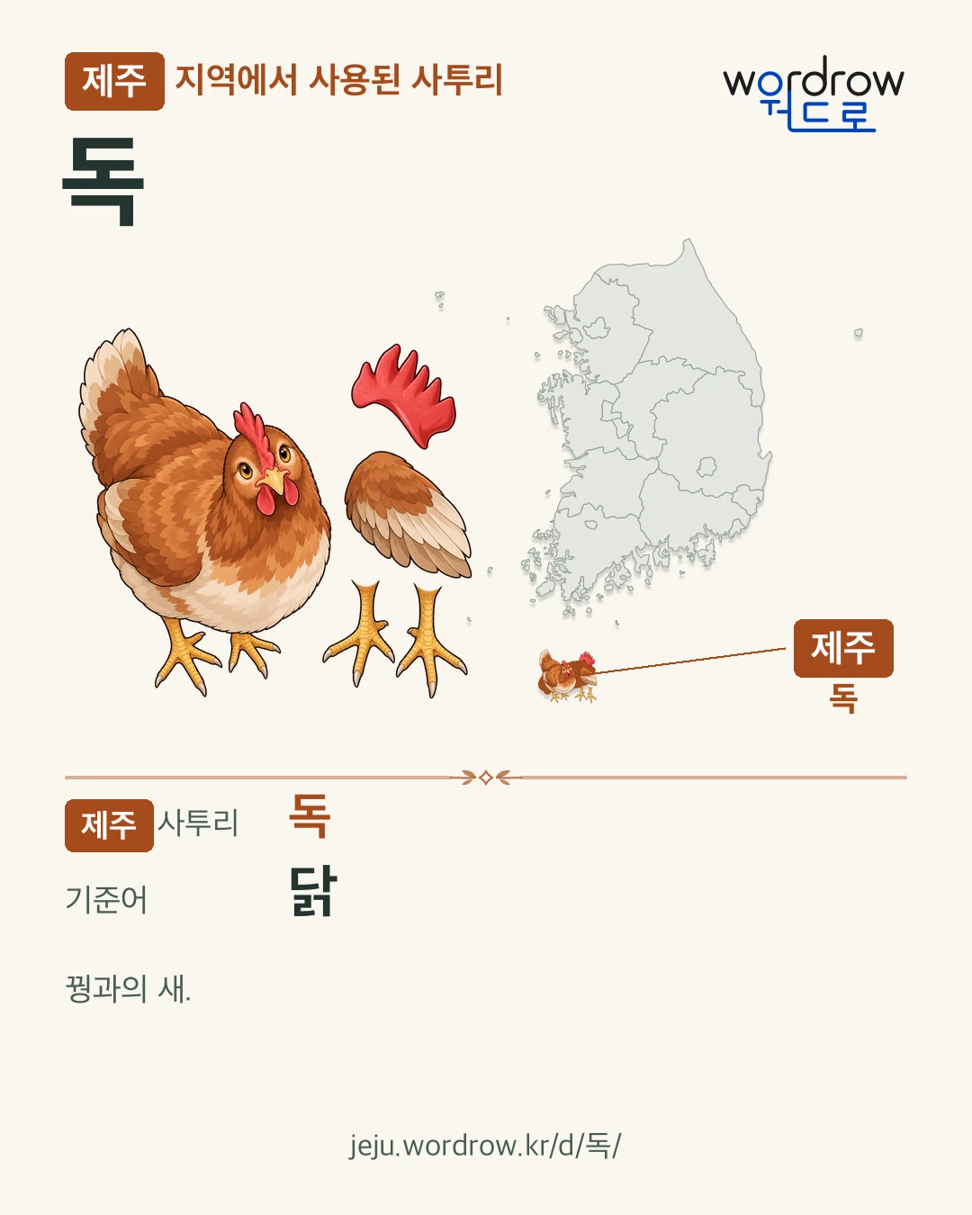 제주 지역에서 사용된 사투리 ‘독’. 기준어: 닭. 기록 지역을 표시한 카툰 삽화와 지도 카드.