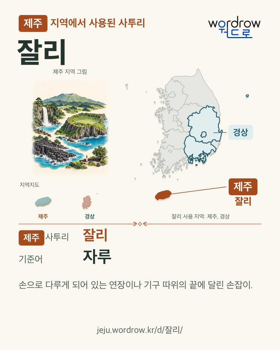 제주 지역에서 사용된 사투리 ‘잘리’. 기준어: 자루. 기록 지역을 표시한 지역 그림과 지도 카드.