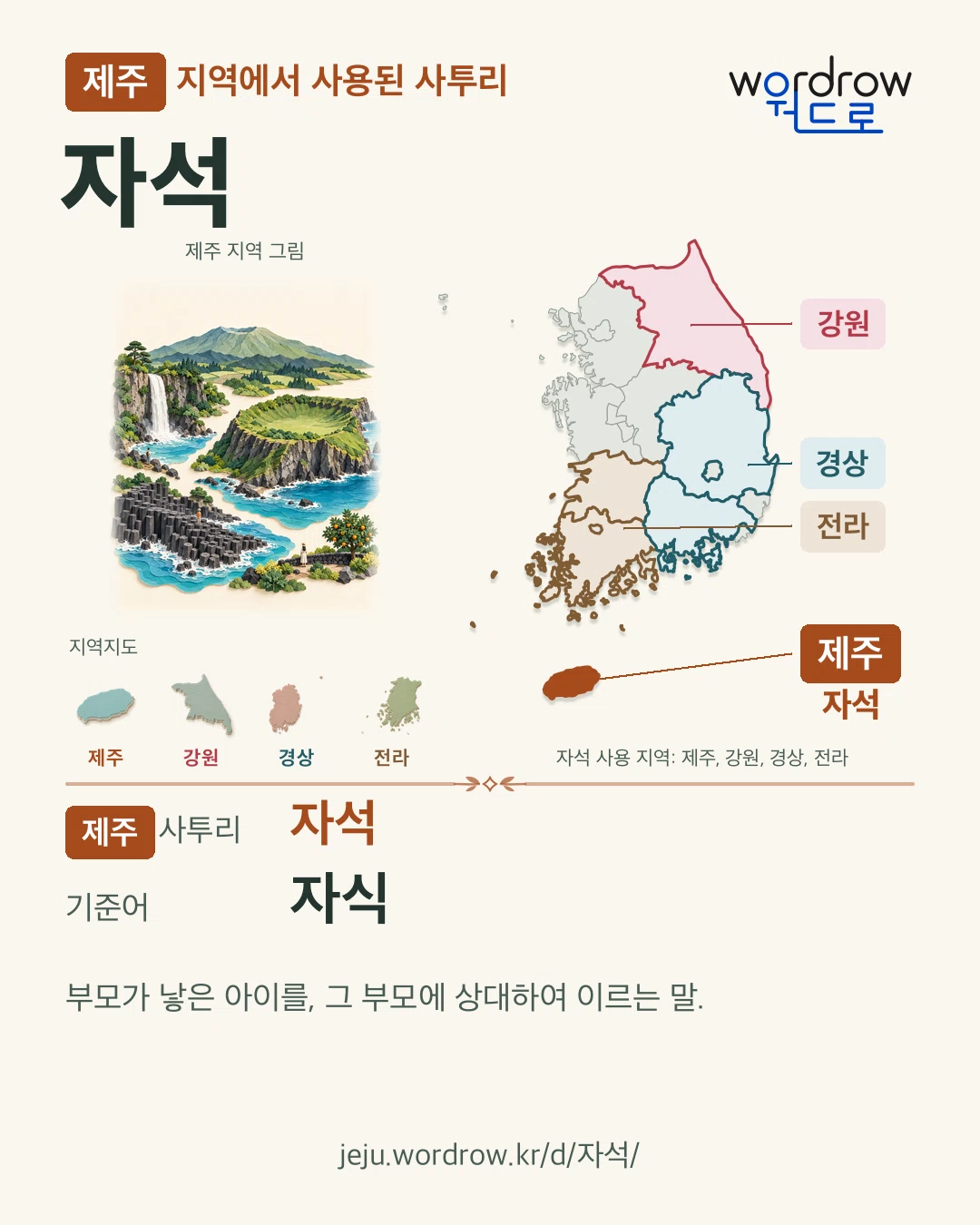 제주 지역에서 사용된 사투리 ‘자석’. 기준어: 자식. 기록 지역을 표시한 지역 그림과 지도 카드.