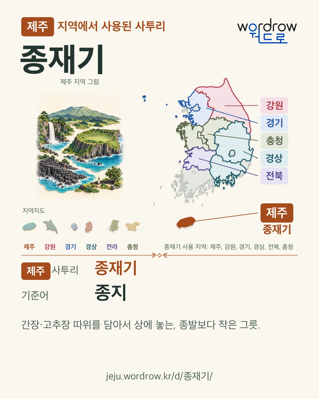 제주 지역에서 사용된 사투리 ‘종재기’. 기준어: 종지. 기록 지역을 표시한 지역 그림과 지도 카드.