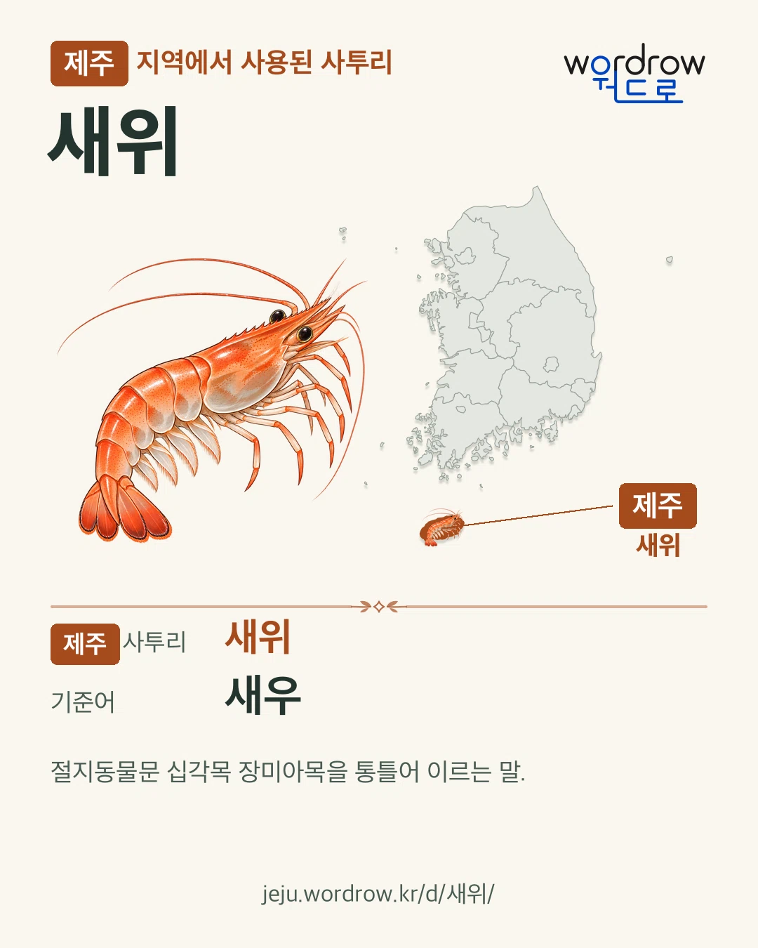 제주 지역에서 사용된 사투리 ‘새위’. 기준어: 새우. 기록 지역을 표시한 카툰 삽화와 지도 카드.
