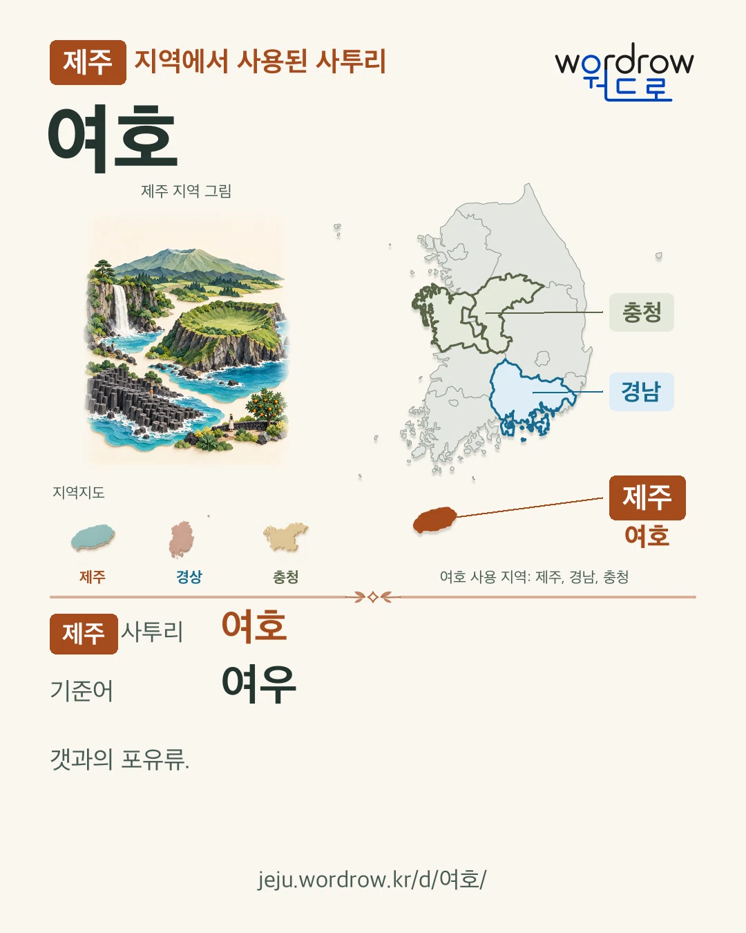 제주 지역에서 사용된 사투리 ‘여호’. 기준어: 여우. 기록 지역을 표시한 지역 그림과 지도 카드.