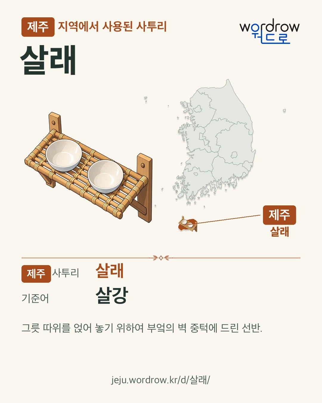 제주 지역에서 사용된 사투리 ‘살래’. 기준어: 살강. 기록 지역을 표시한 카툰 삽화와 지도 카드.