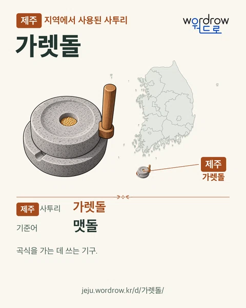 제주 지역에서 사용된 사투리 ‘가렛돌’. 기준어: 맷돌. 기록 지역을 표시한 카툰 삽화와 지도 카드.