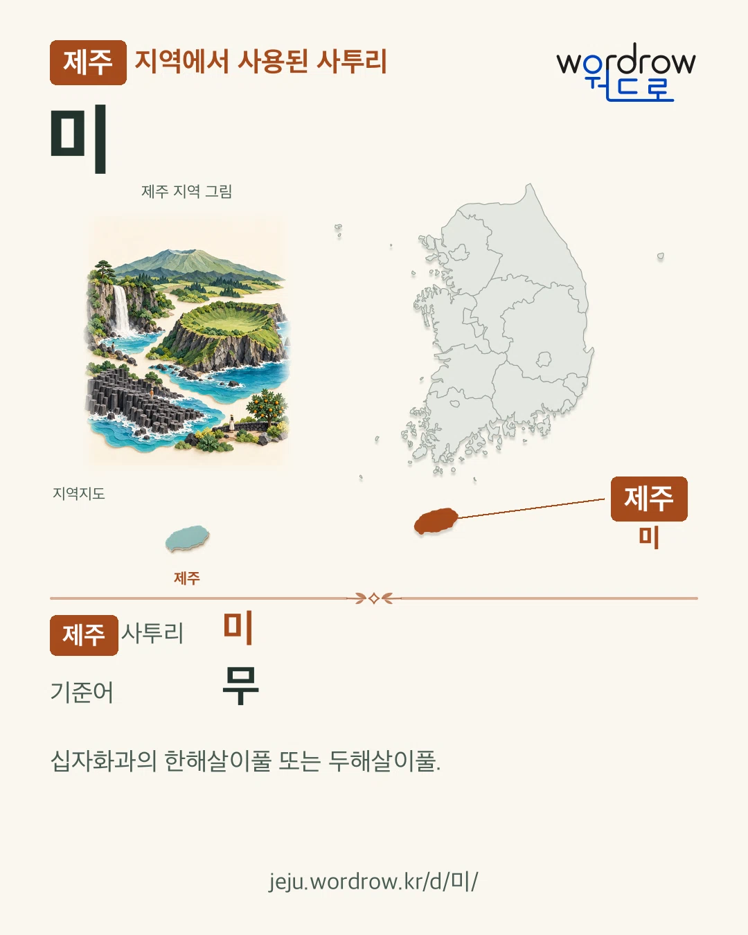 제주 지역에서 사용된 사투리 ‘미’. 기준어: 무. 기록 지역을 표시한 지역 그림과 지도 카드.