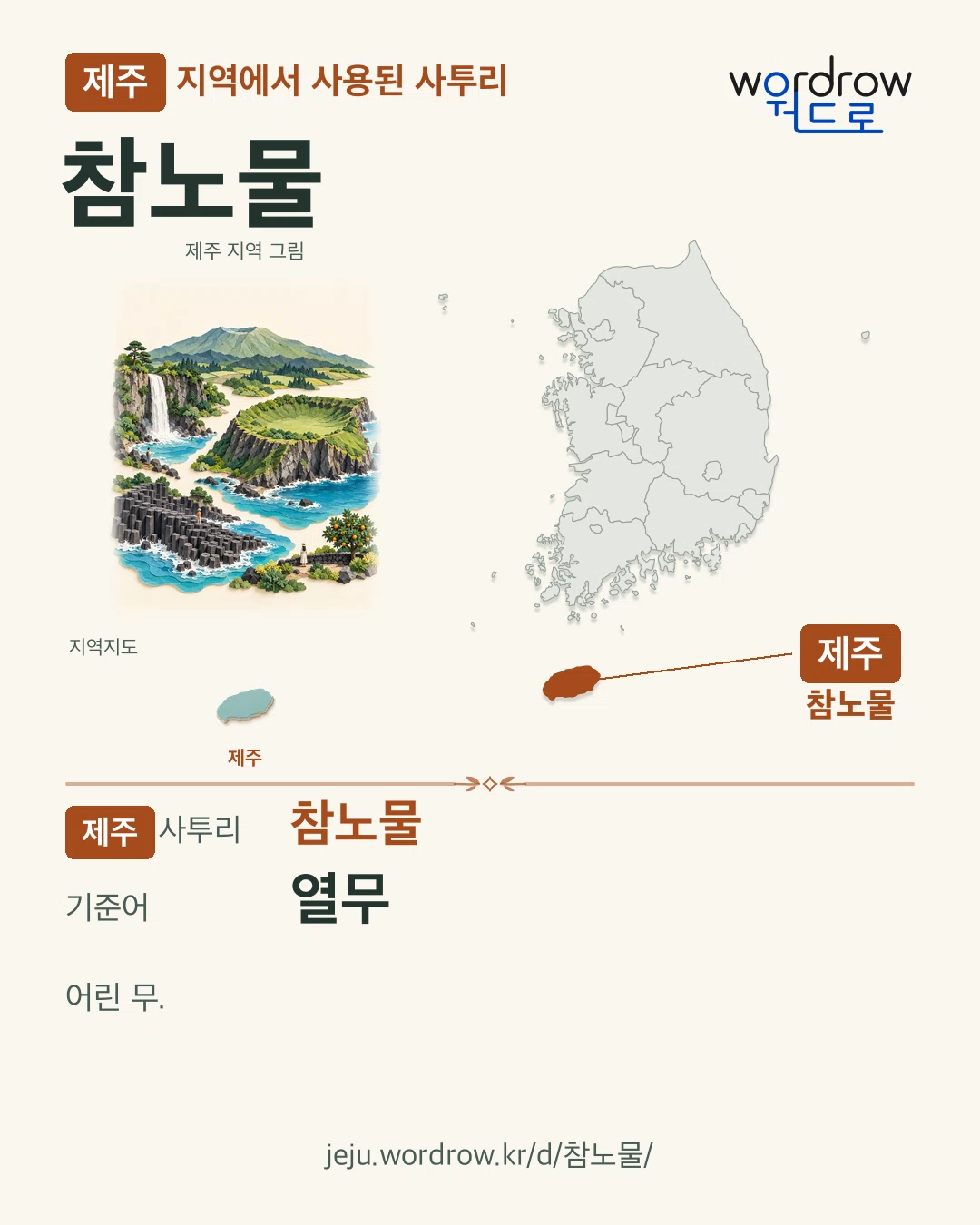 제주 지역에서 사용된 사투리 ‘참노물’. 기준어: 열무. 기록 지역을 표시한 지역 그림과 지도 카드.