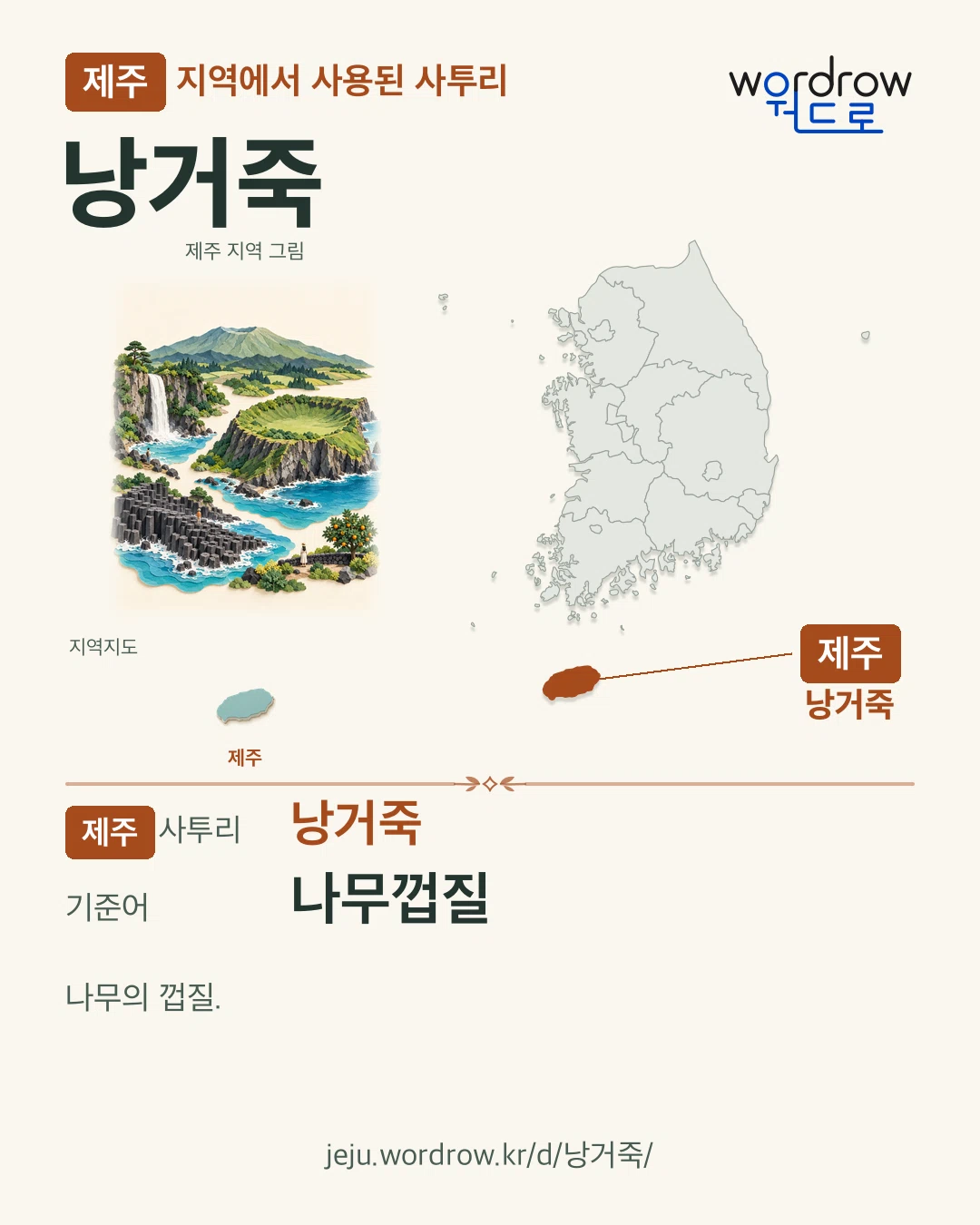 제주 지역에서 사용된 사투리 ‘낭거죽’. 기준어: 나무껍질. 기록 지역을 표시한 지역 그림과 지도 카드.