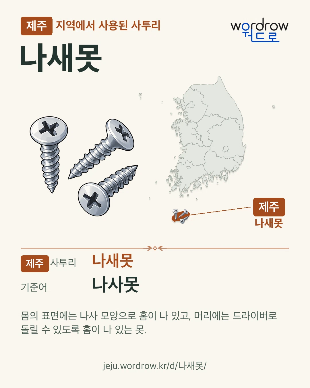 제주 지역에서 사용된 사투리 ‘나새못’. 기준어: 나사못. 기록 지역을 표시한 카툰 삽화와 지도 카드.