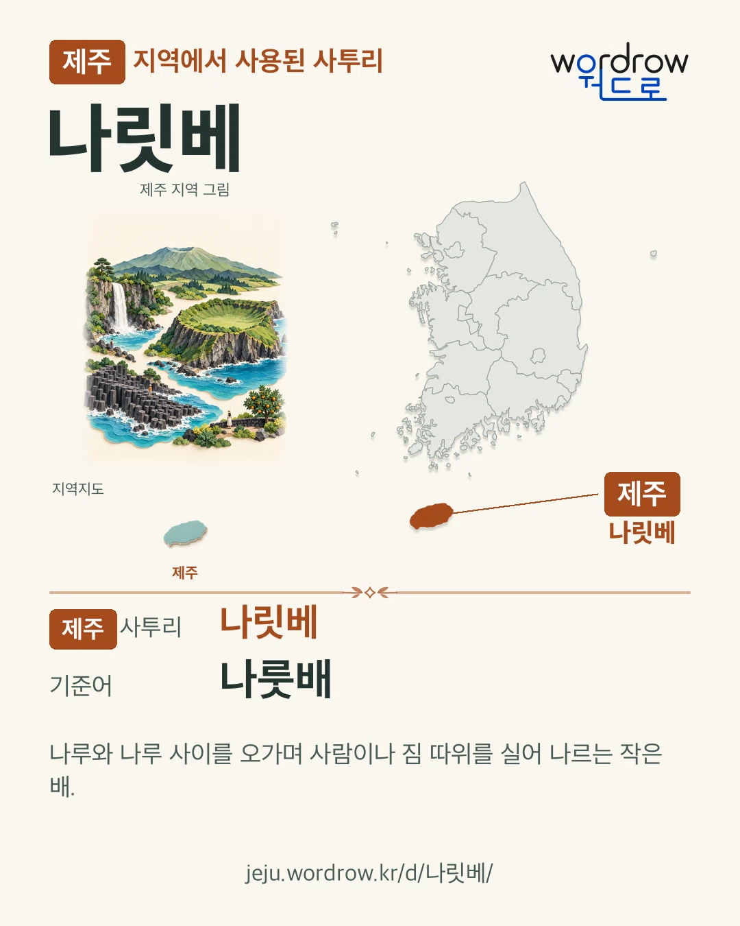 제주 지역에서 사용된 사투리 ‘나릿베’. 기준어: 나룻배. 기록 지역을 표시한 지역 그림과 지도 카드.