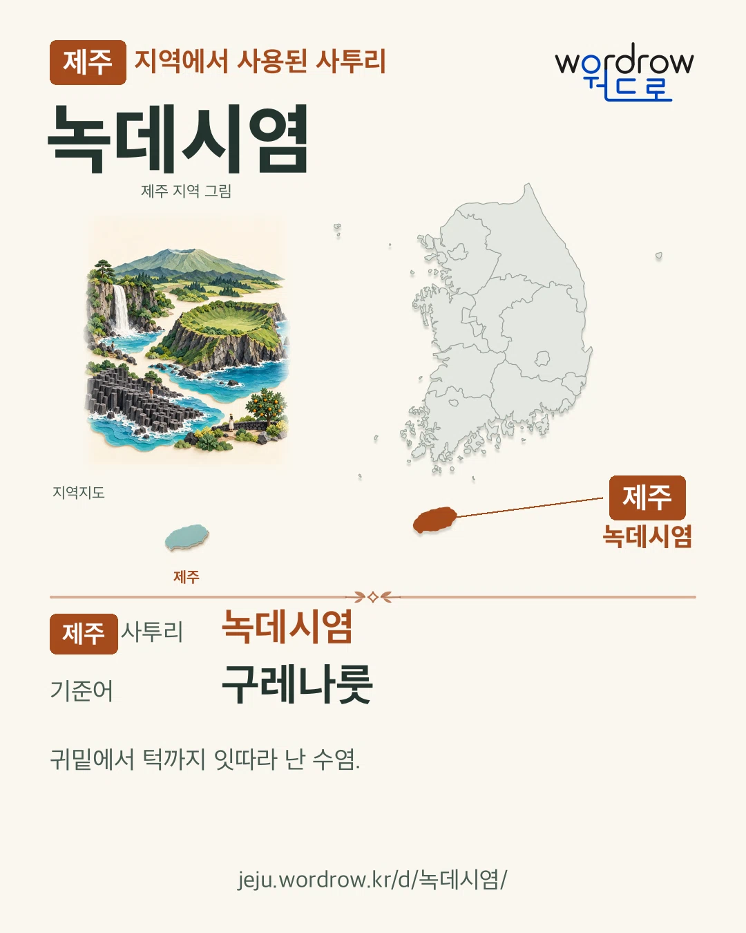 제주 지역에서 사용된 사투리 ‘녹데시염’. 기준어: 구레나룻. 기록 지역을 표시한 지역 그림과 지도 카드.