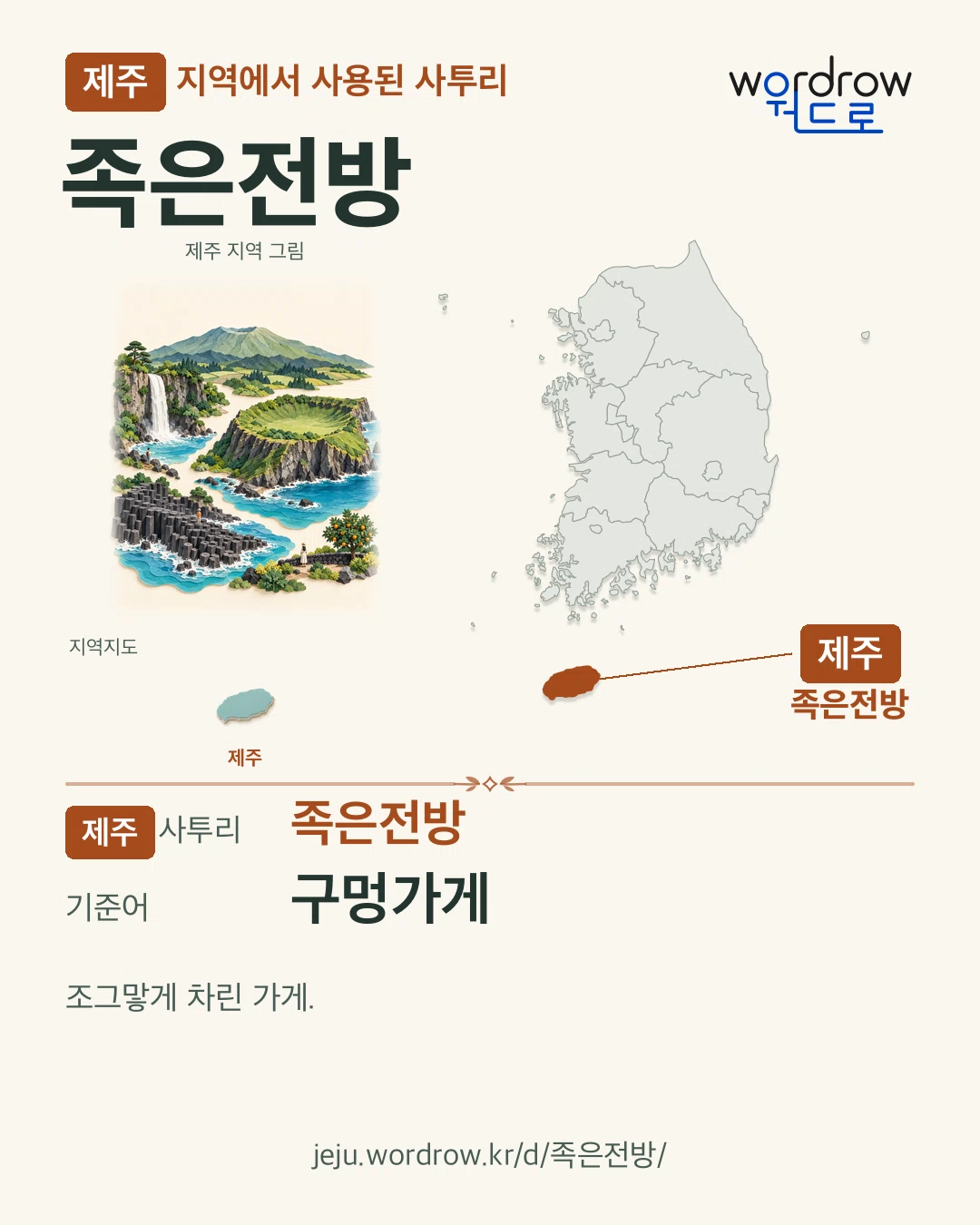 제주 지역에서 사용된 사투리 ‘족은전방’. 기준어: 구멍가게. 기록 지역을 표시한 지역 그림과 지도 카드.