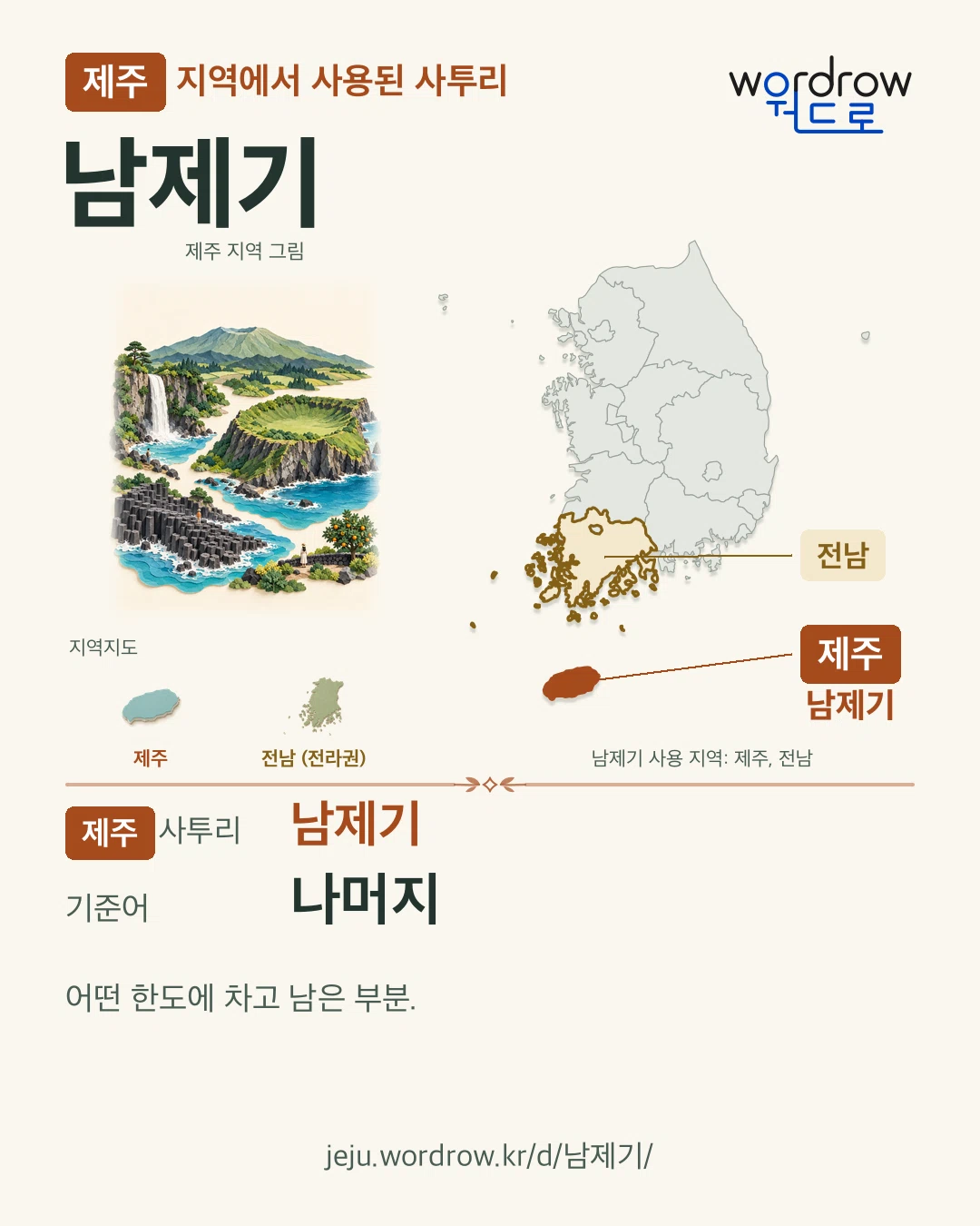 제주 지역에서 사용된 사투리 ‘남제기’. 기준어: 나머지. 기록 지역을 표시한 지역 그림과 지도 카드.