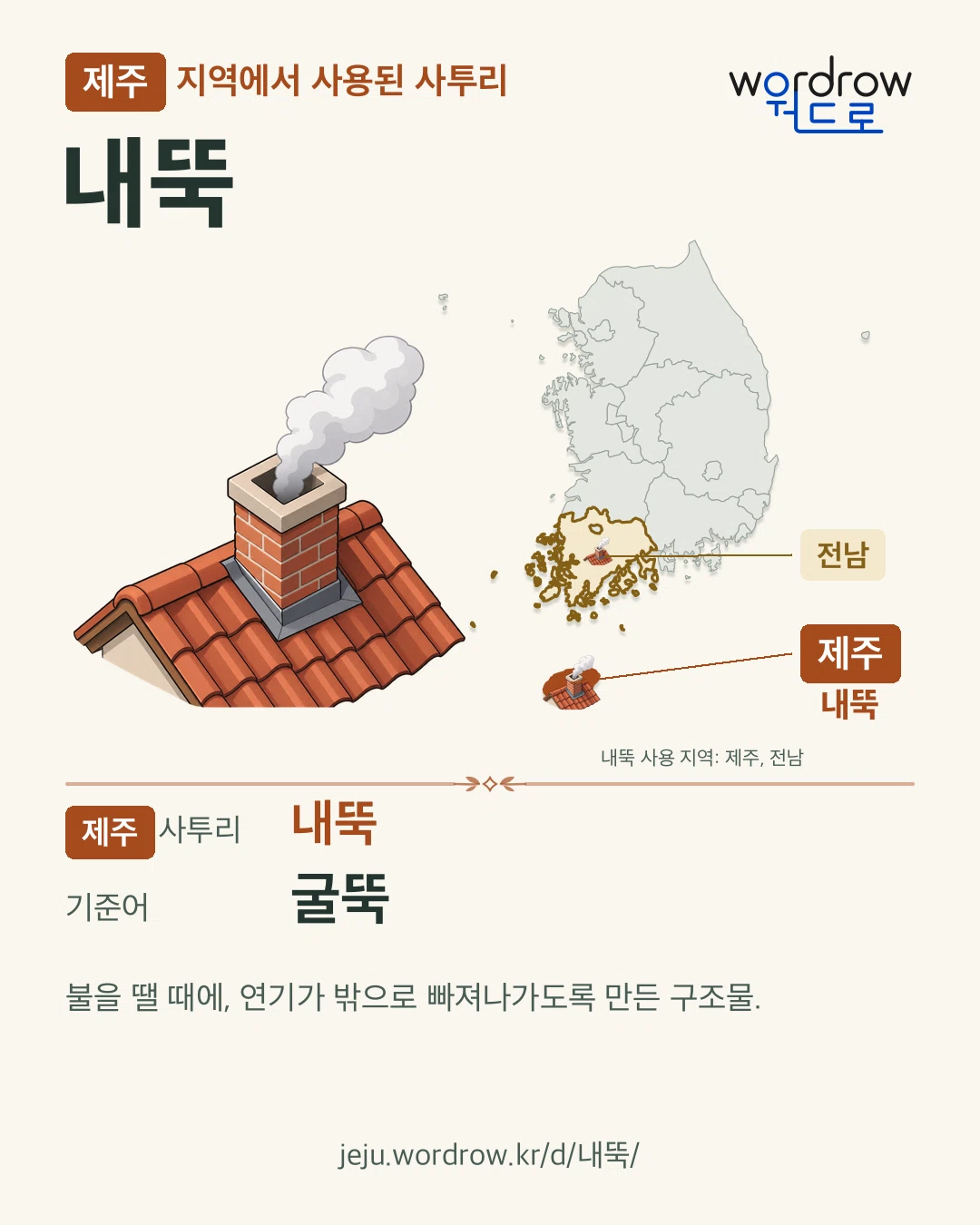 제주 지역에서 사용된 사투리 ‘내뚝’. 기준어: 굴뚝. 기록 지역을 표시한 카툰 삽화와 지도 카드.