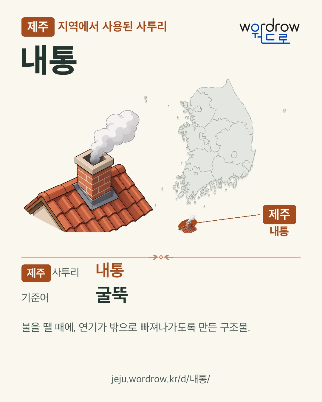 제주 지역에서 사용된 사투리 ‘내통’. 기준어: 굴뚝. 기록 지역을 표시한 카툰 삽화와 지도 카드.