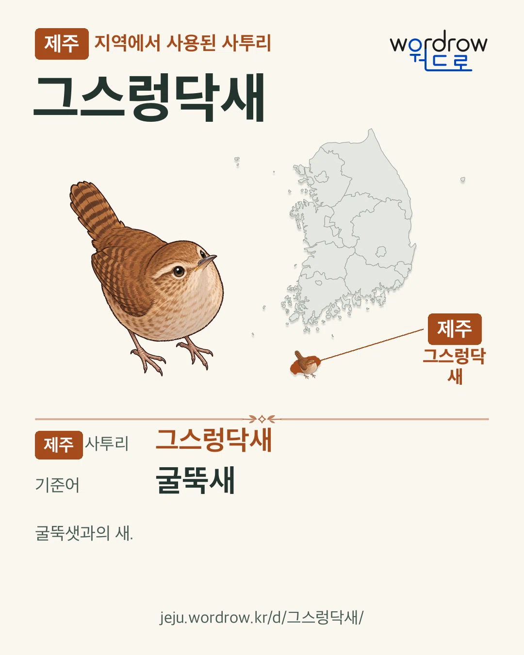 제주 지역에서 사용된 사투리 ‘그스렁닥새’. 기준어: 굴뚝새. 기록 지역을 표시한 카툰 삽화와 지도 카드.