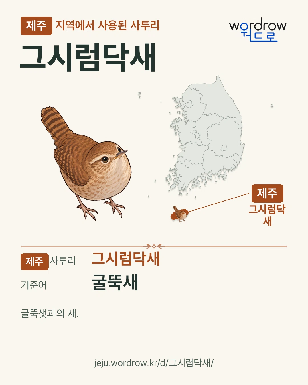 제주 지역에서 사용된 사투리 ‘그시럼닥새’. 기준어: 굴뚝새. 기록 지역을 표시한 카툰 삽화와 지도 카드.