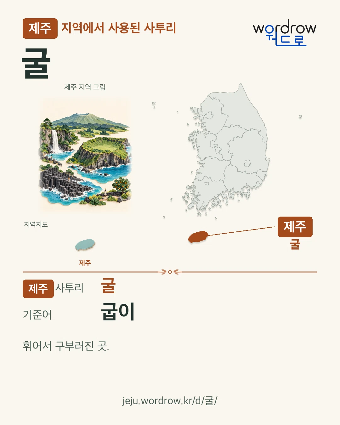 제주 지역에서 사용된 사투리 ‘굴’. 기준어: 굽이. 기록 지역을 표시한 지역 그림과 지도 카드.
