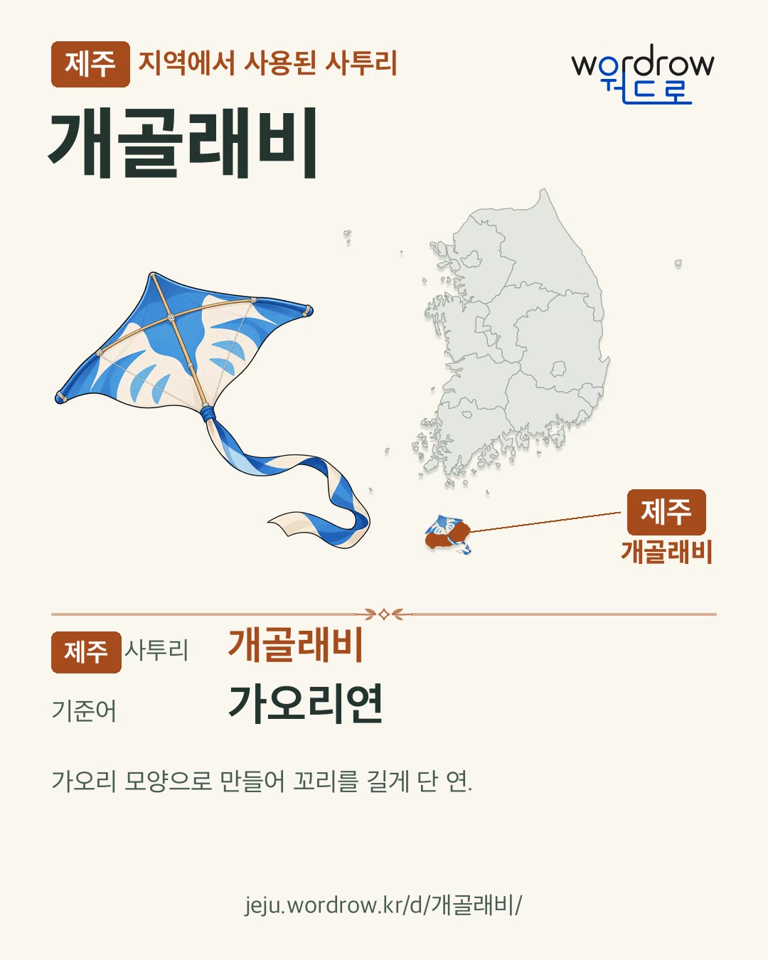 제주 지역에서 사용된 사투리 ‘개골래비’. 기준어: 가오리연. 기록 지역을 표시한 카툰 삽화와 지도 카드.