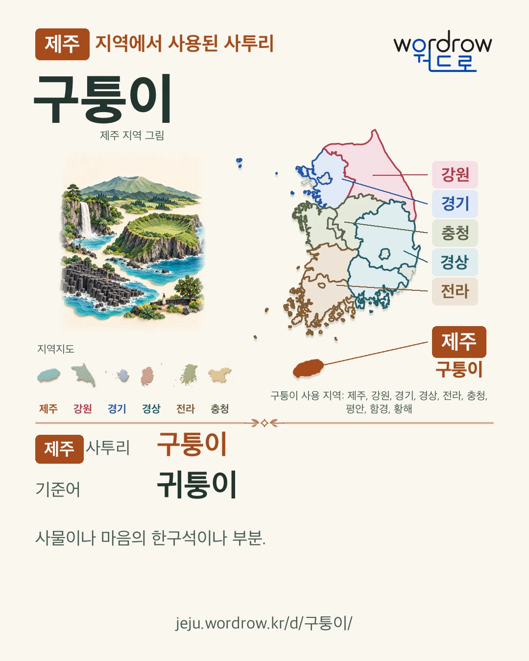 제주 지역에서 사용된 사투리 ‘구퉁이’. 기준어: 귀퉁이. 기록 지역을 표시한 지역 그림과 지도 카드.