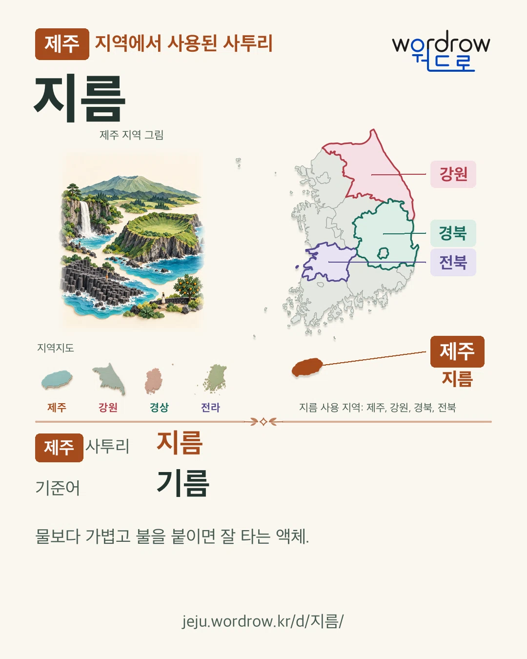제주 지역에서 사용된 사투리 ‘지름’. 기준어: 기름. 기록 지역을 표시한 지역 그림과 지도 카드.