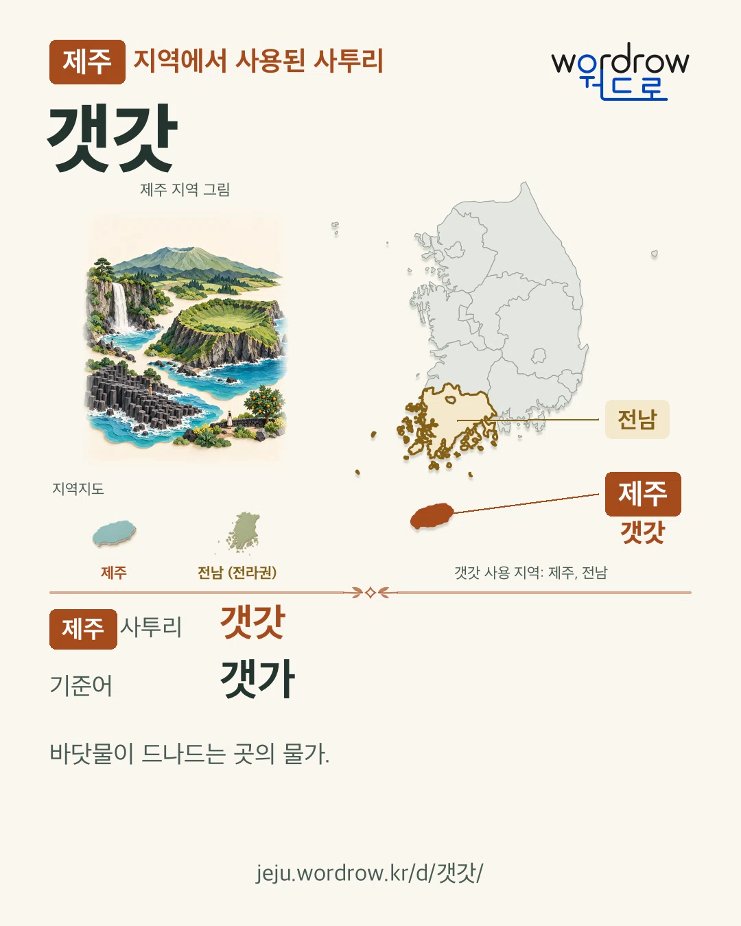 제주 지역에서 사용된 사투리 ‘갯갓’. 기준어: 갯가. 기록 지역을 표시한 지역 그림과 지도 카드.