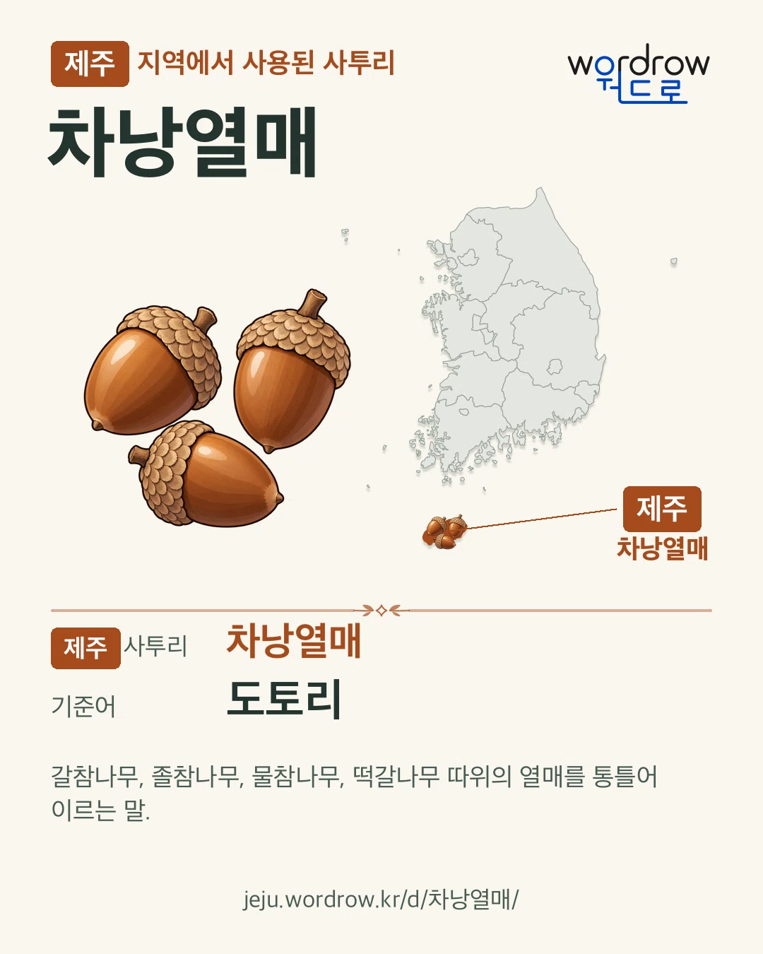 제주 지역에서 사용된 사투리 ‘차낭열매’. 기준어: 도토리. 기록 지역을 표시한 카툰 삽화와 지도 카드.
