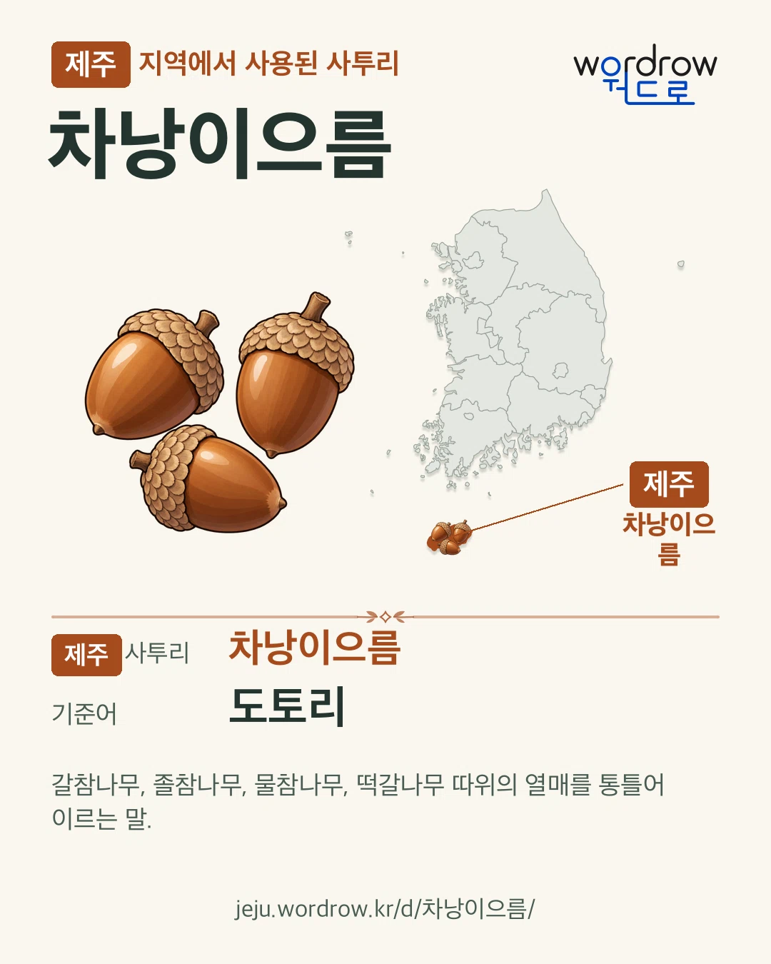 제주 지역에서 사용된 사투리 ‘차낭이으름’. 기준어: 도토리. 기록 지역을 표시한 카툰 삽화와 지도 카드.