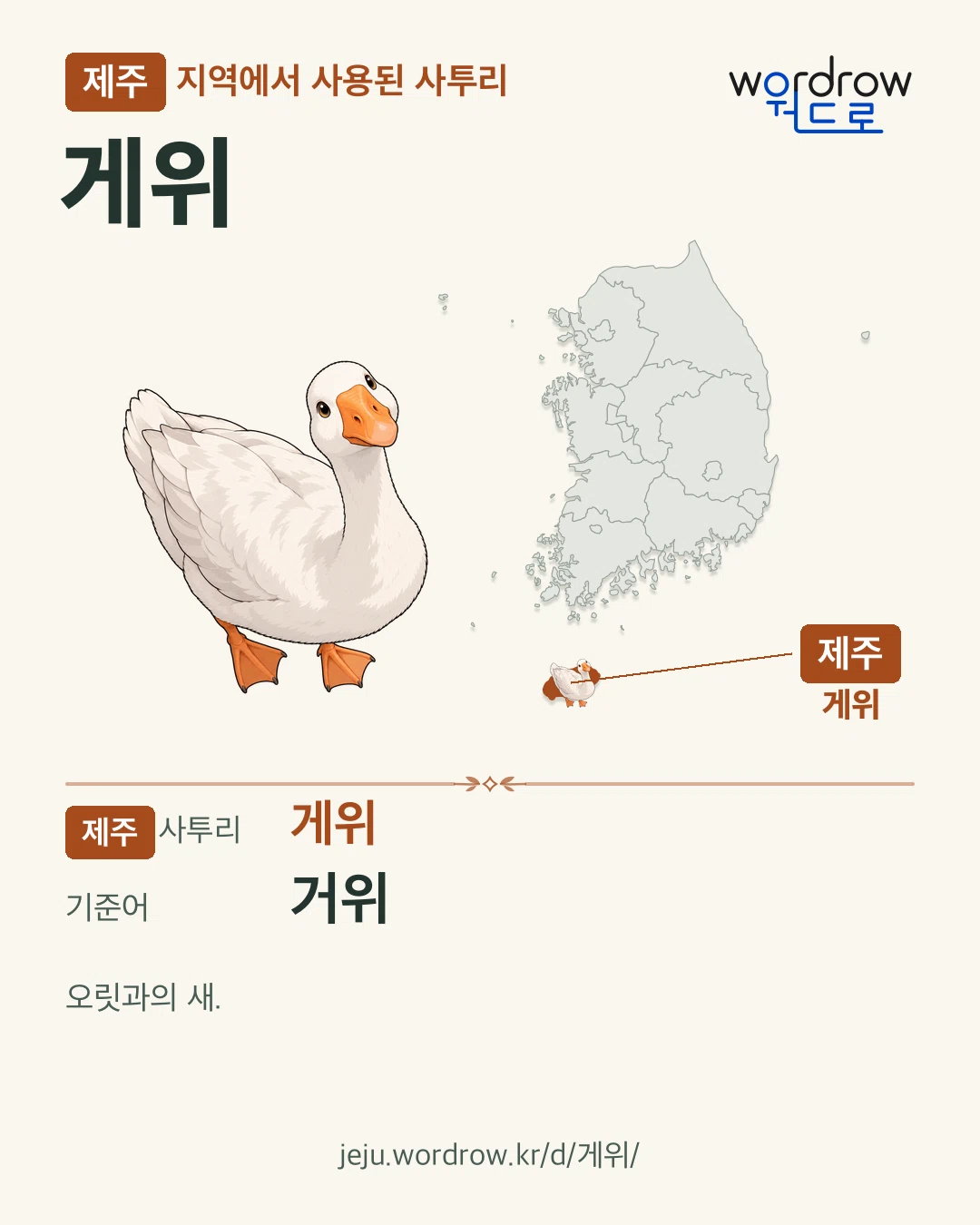 제주 지역에서 사용된 사투리 ‘게위’. 기준어: 거위. 기록 지역을 표시한 카툰 삽화와 지도 카드.