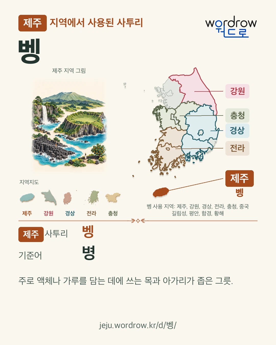 제주 지역에서 사용된 사투리 ‘벵’. 기준어: 병. 기록 지역을 표시한 지역 그림과 지도 카드.