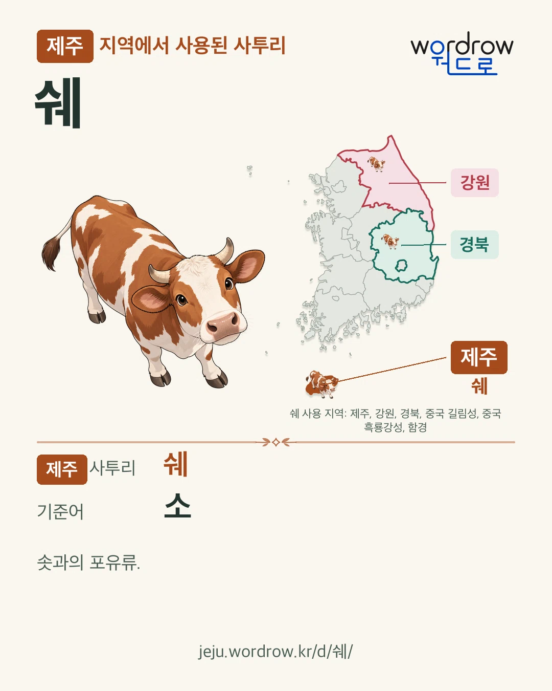 제주 지역에서 사용된 사투리 ‘쉐’. 기준어: 소. 기록 지역을 표시한 카툰 삽화와 지도 카드.