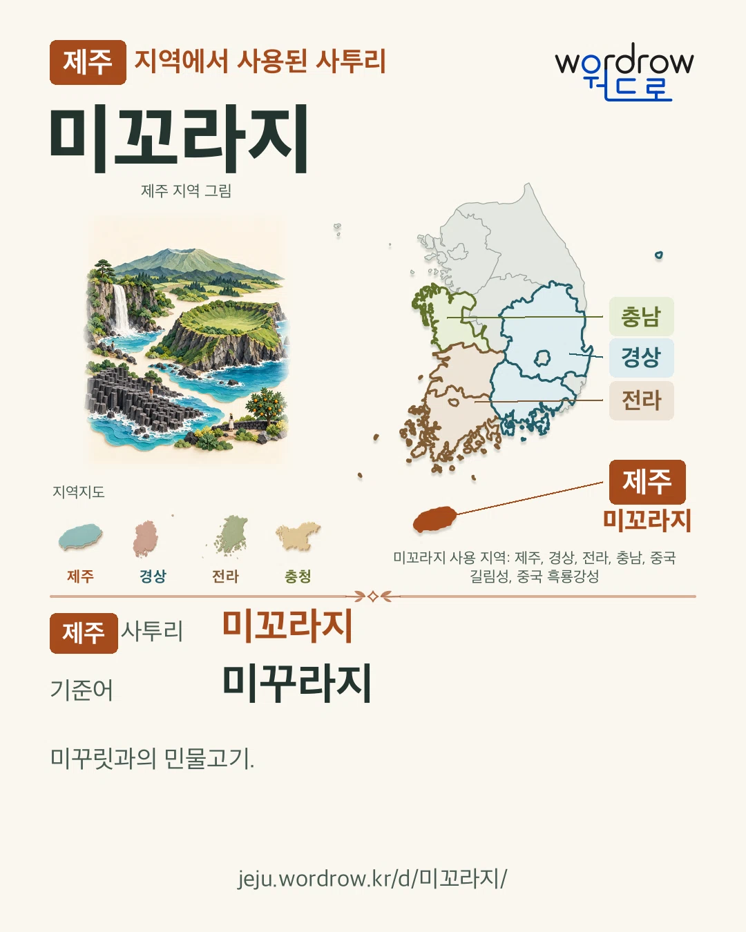 제주 지역에서 사용된 사투리 ‘미꼬라지’. 기준어: 미꾸라지. 기록 지역을 표시한 지역 그림과 지도 카드.