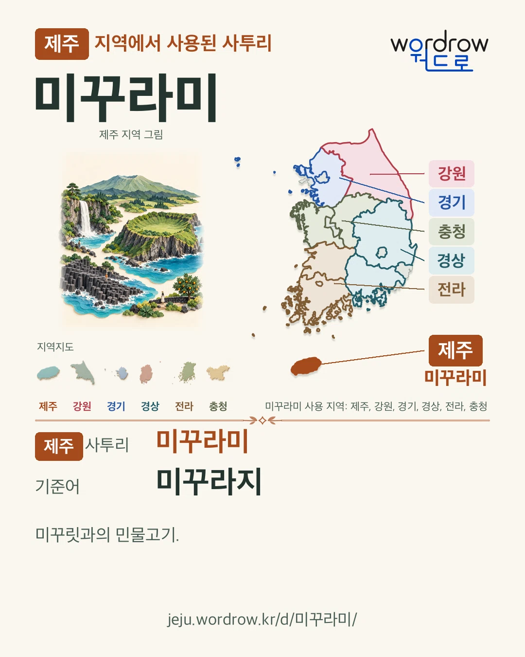 제주 지역에서 사용된 사투리 ‘미꾸라미’. 기준어: 미꾸라지. 기록 지역을 표시한 지역 그림과 지도 카드.