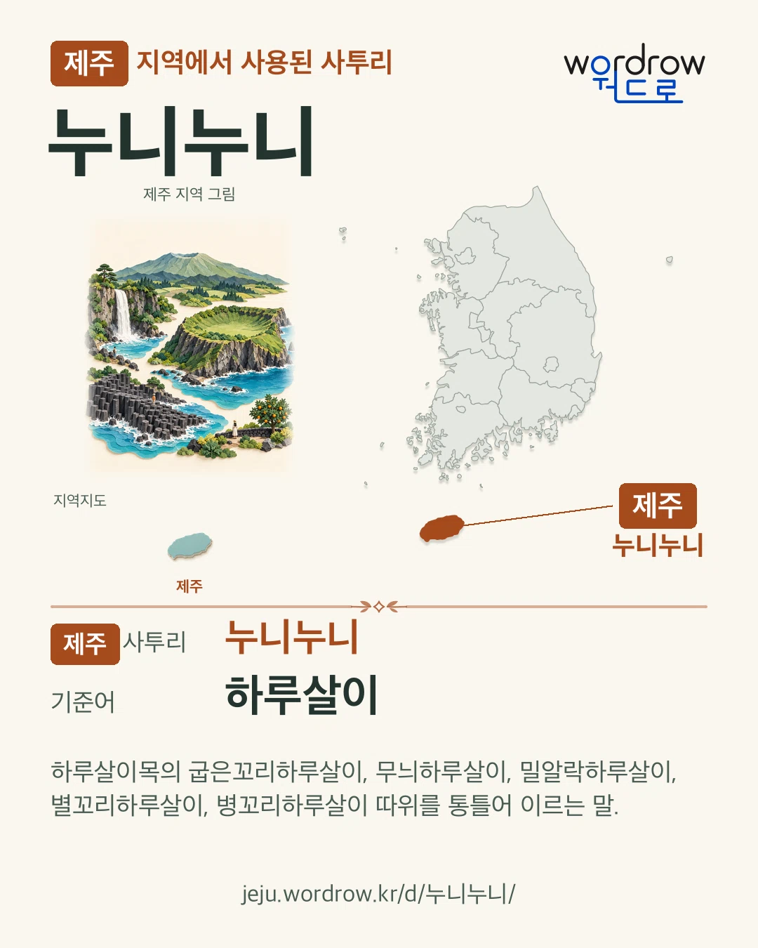 제주 지역에서 사용된 사투리 ‘누니누니’. 기준어: 하루살이. 기록 지역을 표시한 지역 그림과 지도 카드.