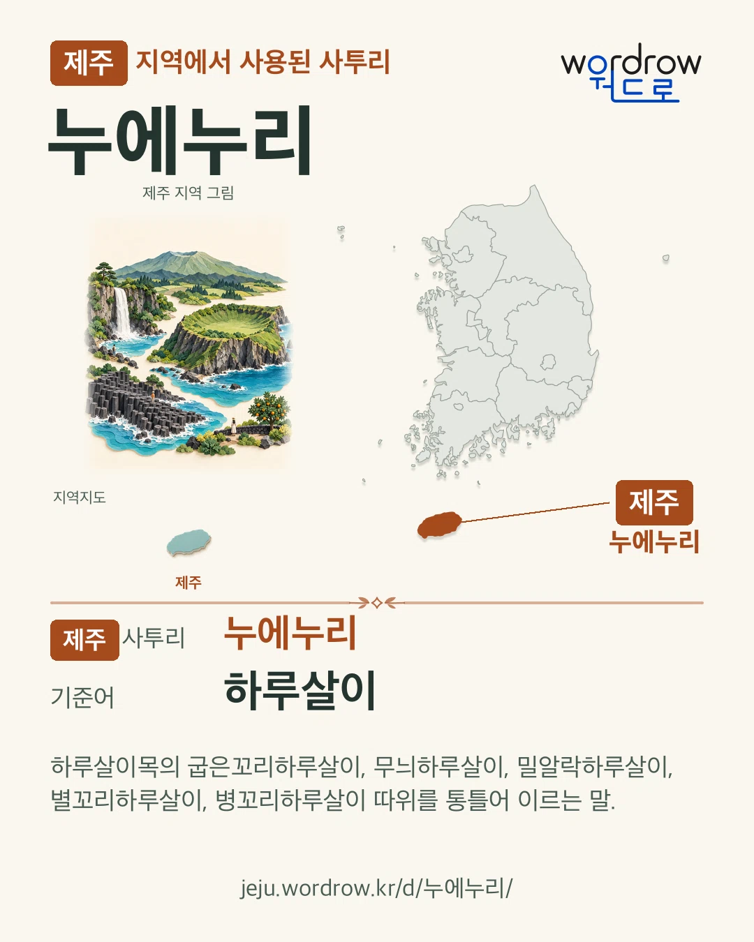 제주 지역에서 사용된 사투리 ‘누에누리’. 기준어: 하루살이. 기록 지역을 표시한 지역 그림과 지도 카드.