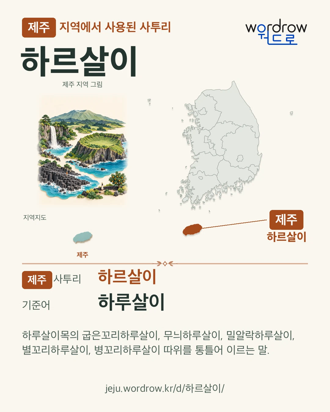 제주 지역에서 사용된 사투리 ‘하르살이’. 기준어: 하루살이. 기록 지역을 표시한 지역 그림과 지도 카드.