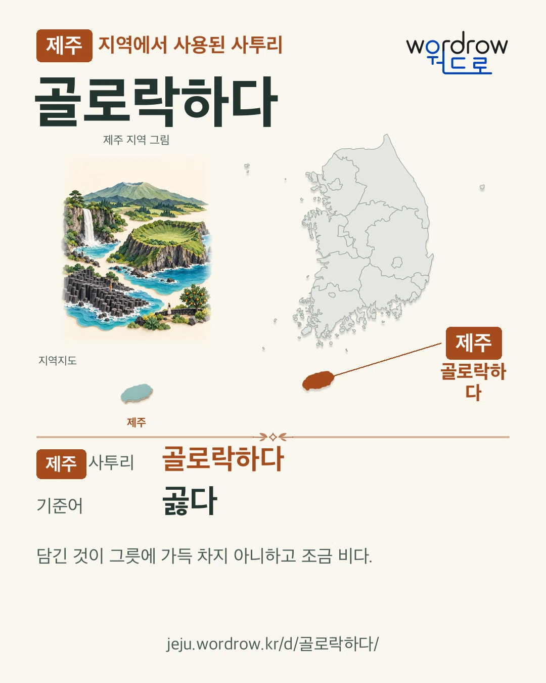 제주 지역에서 사용된 사투리 ‘골로락하다’. 기준어: 곯다. 기록 지역을 표시한 지역 그림과 지도 카드.