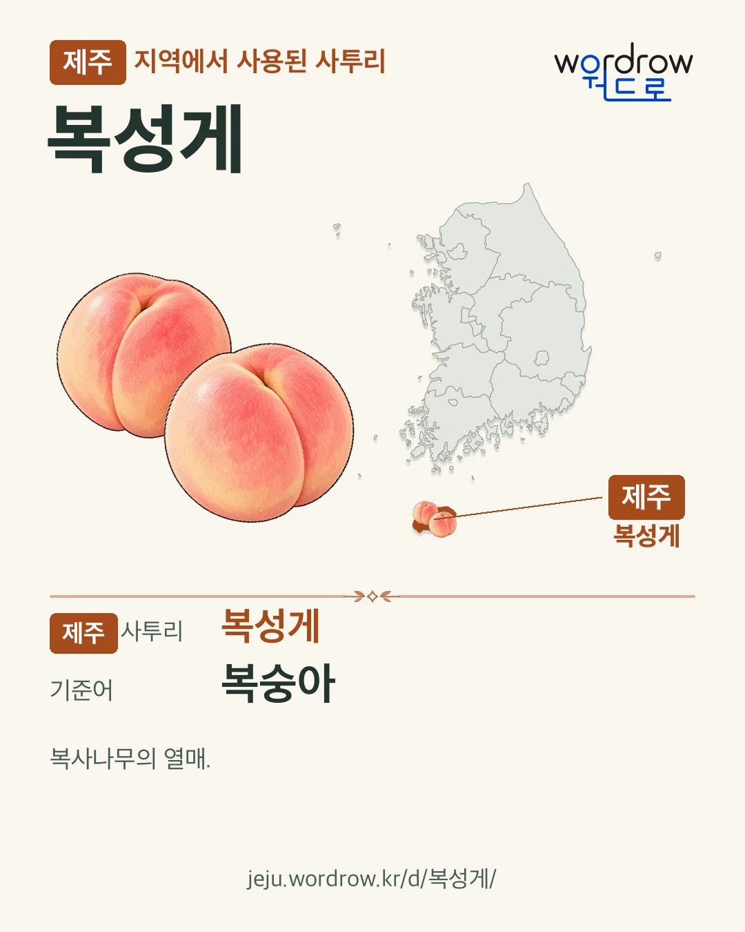 제주 지역에서 사용된 사투리 ‘복성게’. 기준어: 복숭아. 기록 지역을 표시한 카툰 삽화와 지도 카드.