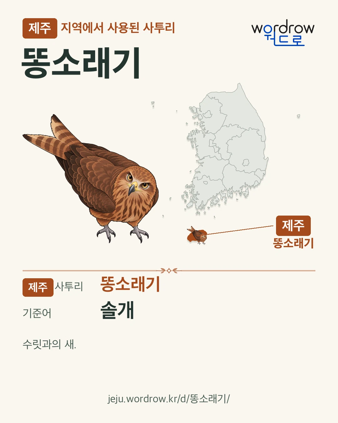 제주 지역에서 사용된 사투리 ‘똥소래기’. 기준어: 솔개. 기록 지역을 표시한 카툰 삽화와 지도 카드.