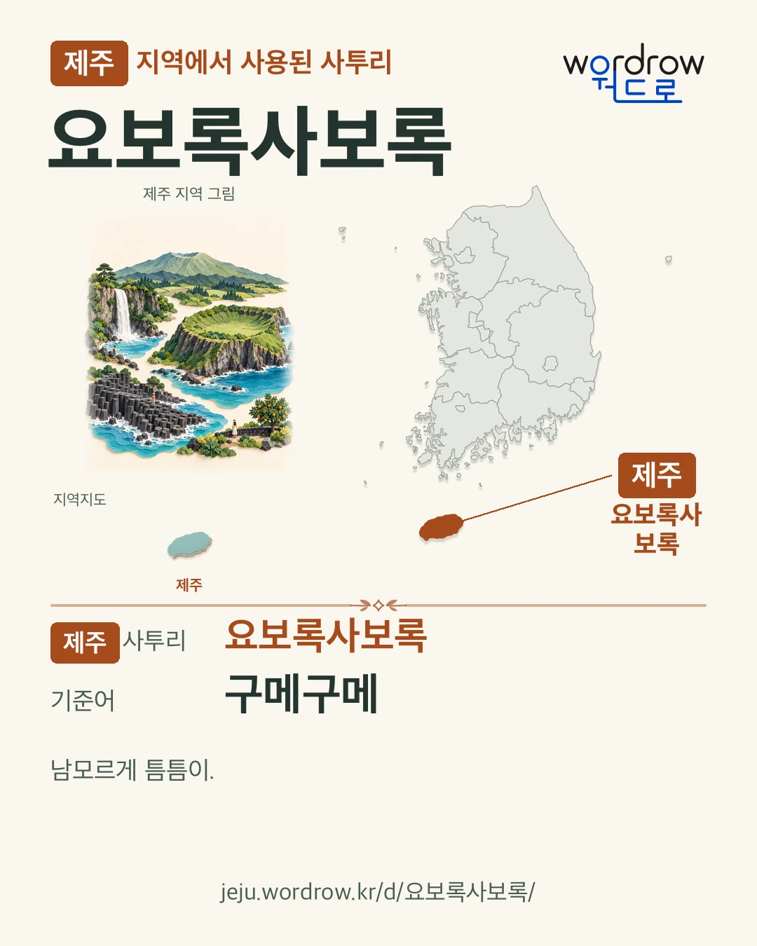 제주 지역에서 사용된 사투리 ‘요보록사보록’. 기준어: 구메구메. 기록 지역을 표시한 지역 그림과 지도 카드.