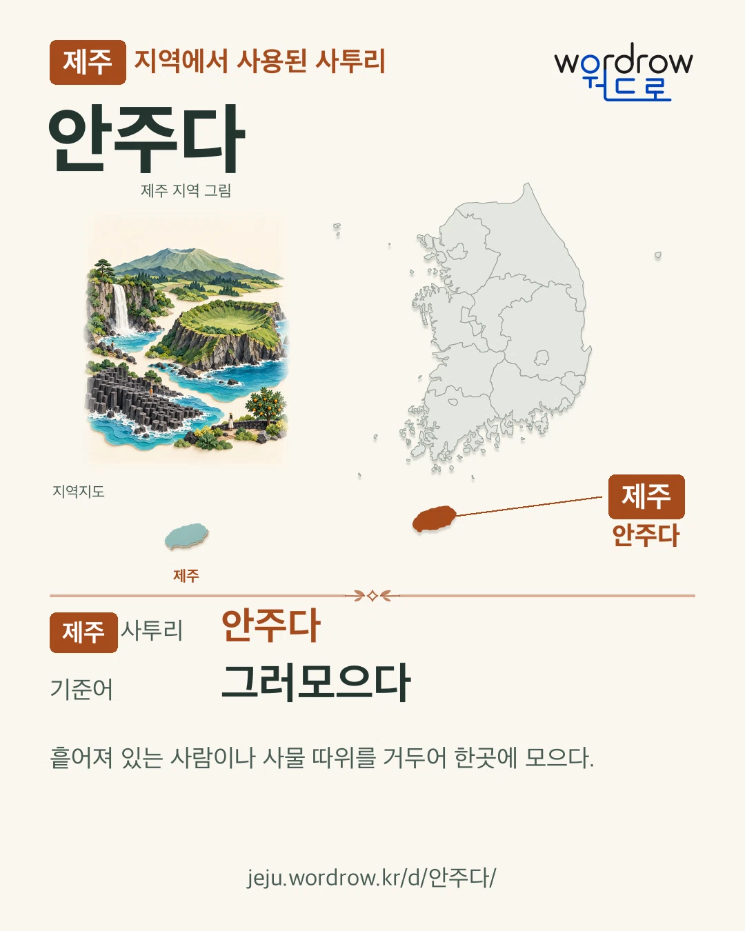 제주 지역에서 사용된 사투리 ‘안주다’. 기준어: 그러모으다. 기록 지역을 표시한 지역 그림과 지도 카드.