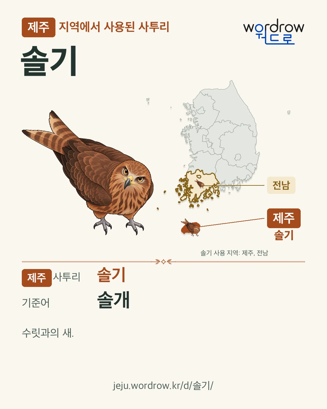 제주 지역에서 사용된 사투리 ‘솔기’. 기준어: 솔개. 기록 지역을 표시한 카툰 삽화와 지도 카드.