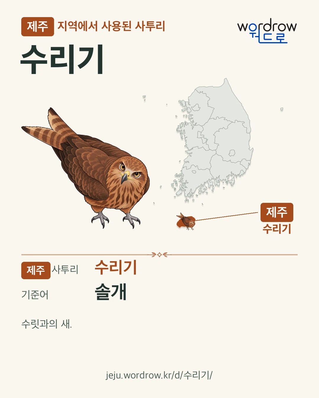 제주 지역에서 사용된 사투리 ‘수리기’. 기준어: 솔개. 기록 지역을 표시한 카툰 삽화와 지도 카드.
