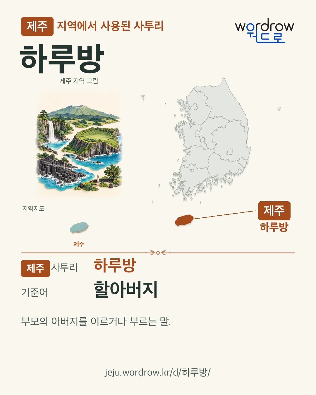 제주 지역에서 사용된 사투리 ‘하루방’. 기준어: 할아버지. 기록 지역을 표시한 지역 그림과 지도 카드.