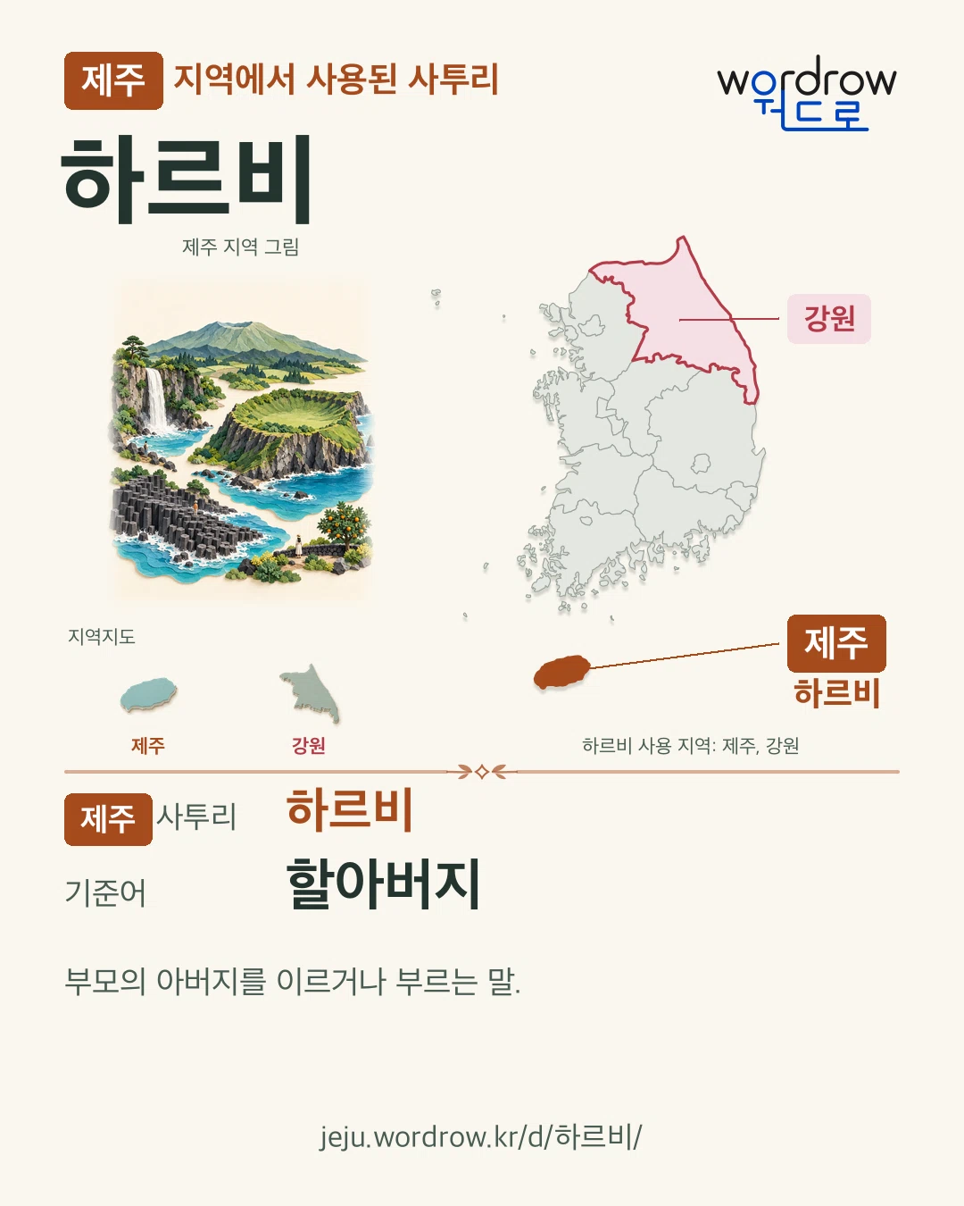 제주 지역에서 사용된 사투리 ‘하르비’. 기준어: 할아버지. 기록 지역을 표시한 지역 그림과 지도 카드.